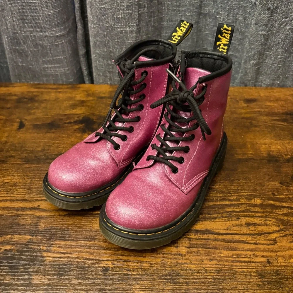 Dr Martens 1460 Glitter Junior Pink Sparkle Lace Up Side Zip Boots (Kids Size 1)